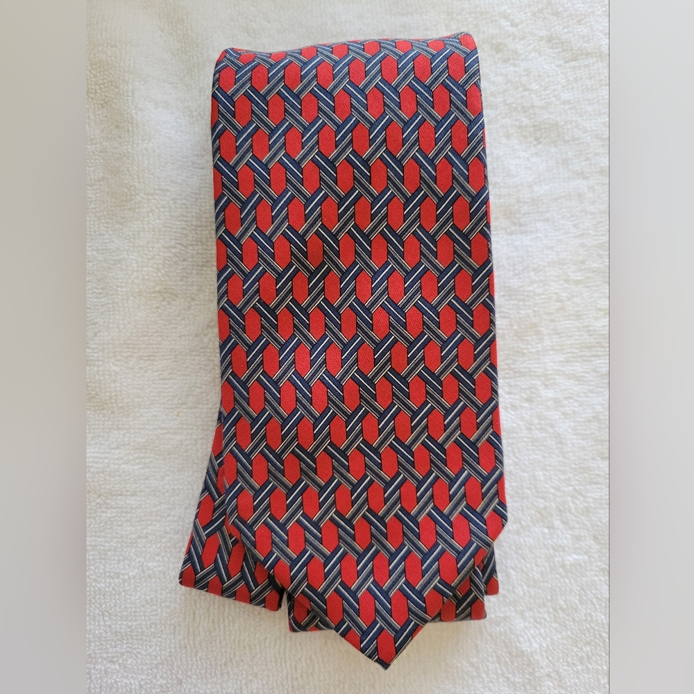 Lands' End Red and Navy Geometric Pattern Tie